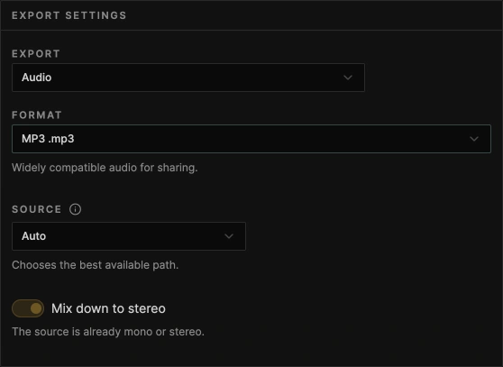 Cliparr's updated export settings with Audio selected, MP3 format, automatic source selection, and an option to mix down to stereo.