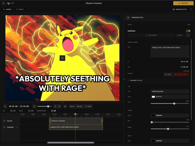 Cliparr's editor with a custom subtitle on the timeline and controls for its text, timing, font, color, shadow, and stroke.