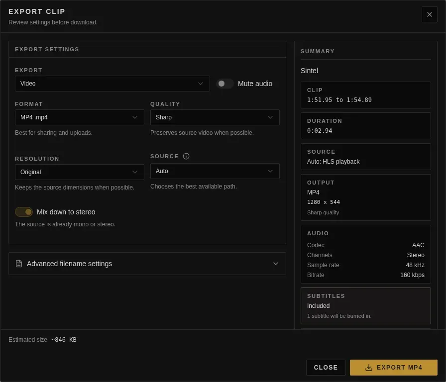 Cliparr export size estimation interface and output size preview.