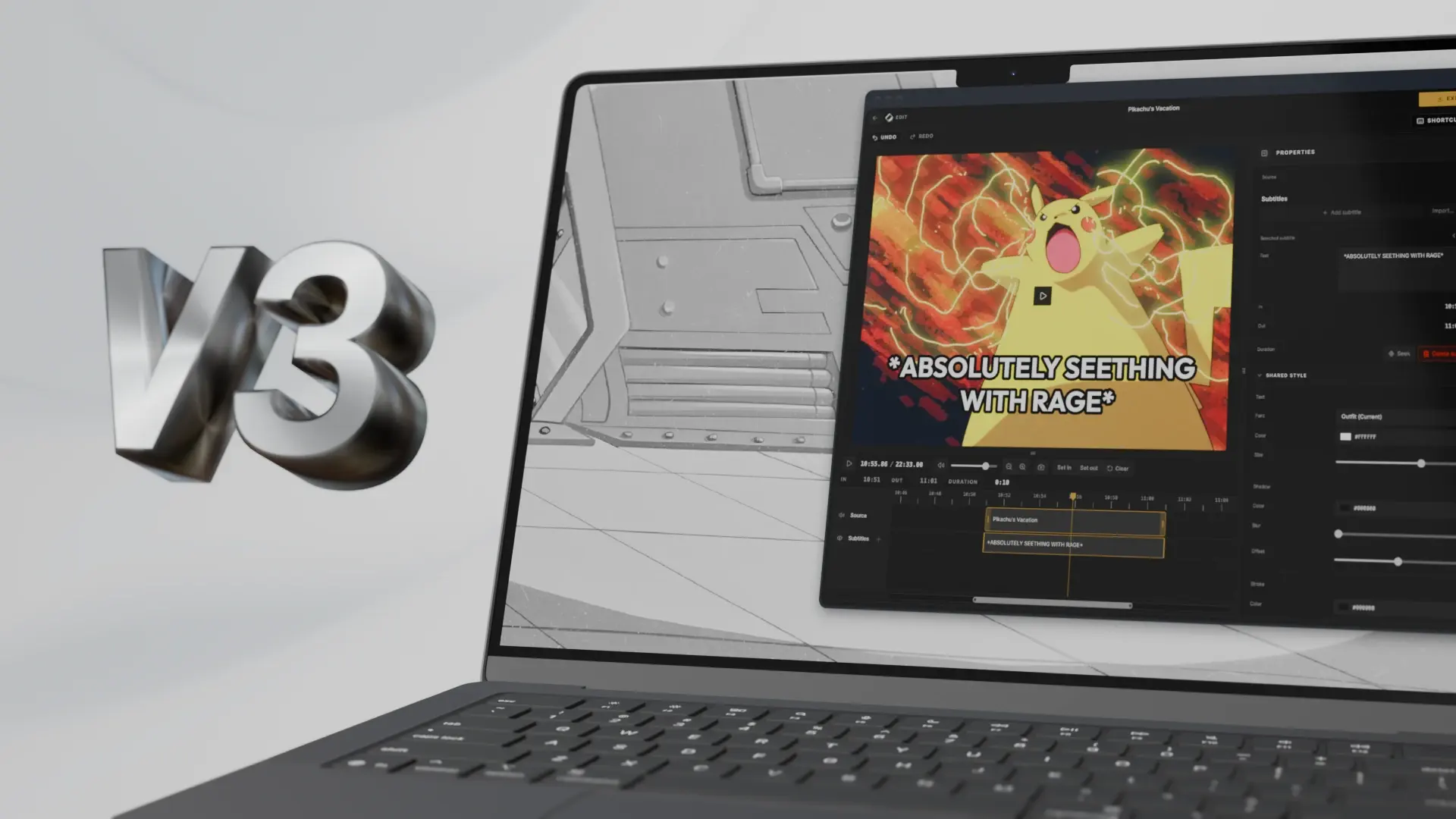 Cliparr 3.0 hero with metallic V3 lettering beside a laptop displaying the editor and a custom subtitle.