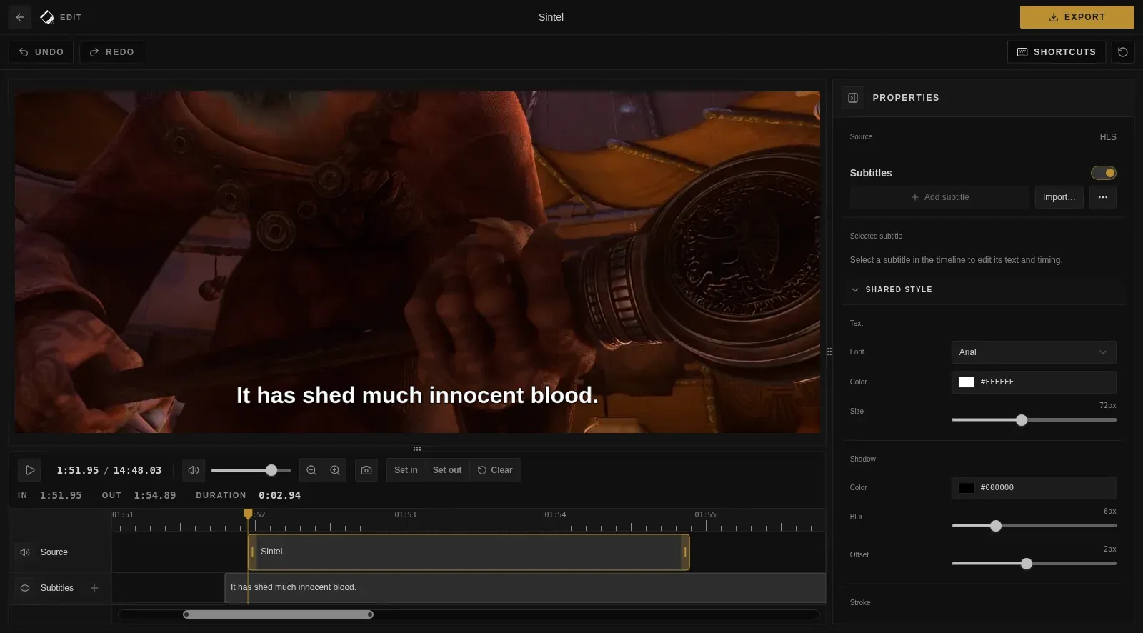 Cliparr subtitle editing interface showing subtitle timeline and shared style controls.