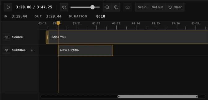 Cliparr's timeline with a plus button beside the Subtitles track and a custom caption labeled New subtitle.